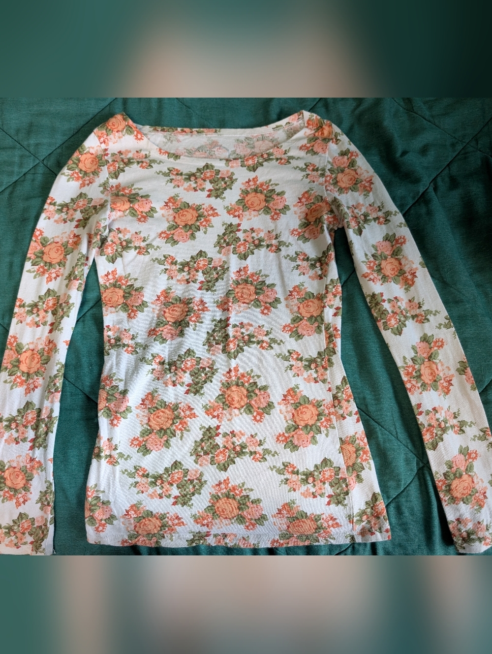 Floral Long Sleeve Scoop Neck Top - Peach & Green